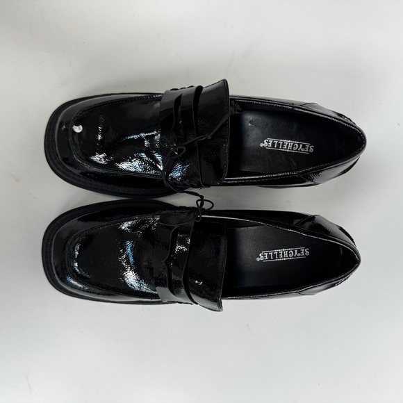 New Seychelles Black Patent Heeled Penny Loafers Chunky Heel 90s Size 9 - Picture 2 of 9